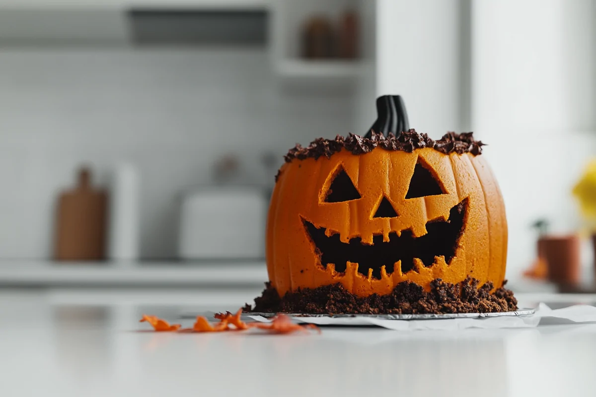 A spooky and delicious Jack-O'-Lantern Halloween Cake, perfect for your Halloween party.